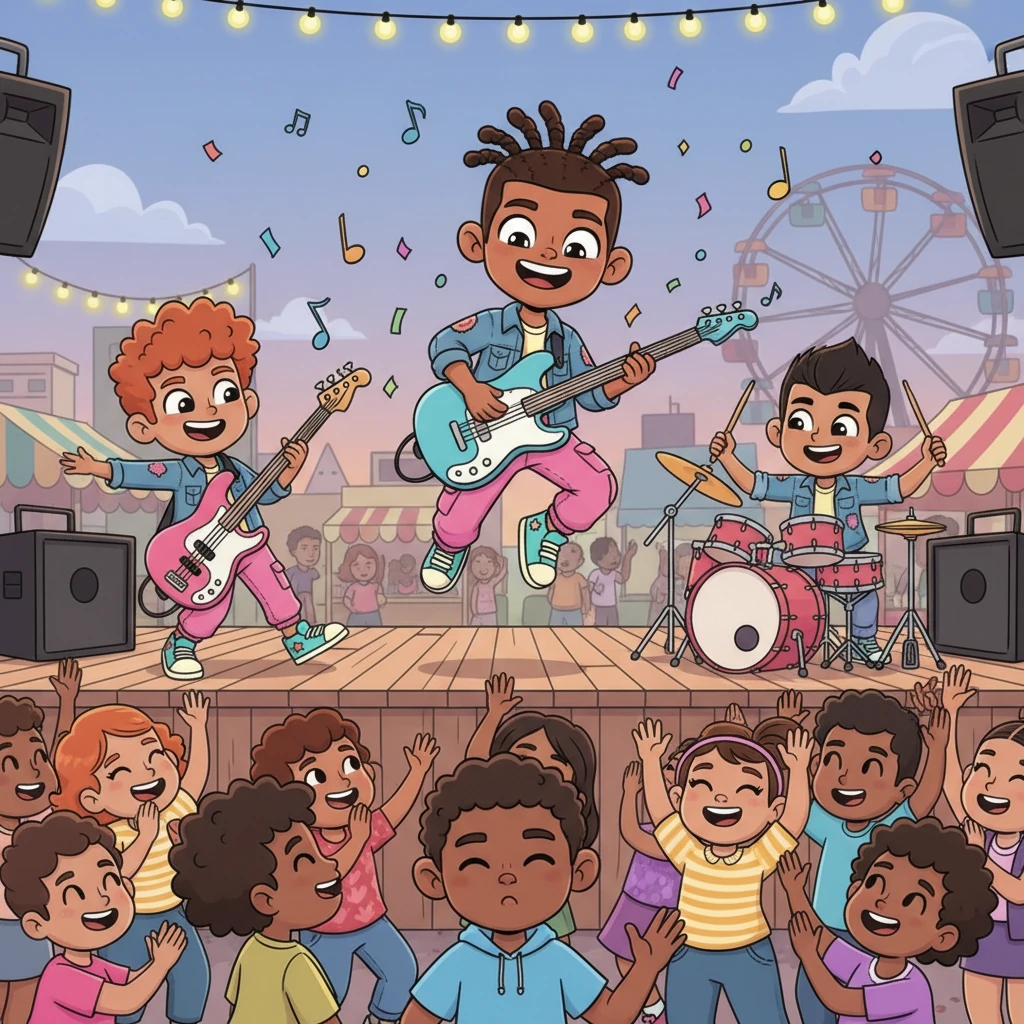 The town fair stage bursts with energy as The Boys Squad performs. Ben, with a wide, confident smile, leaps into the air while strumming his guitar. His bandmates provide a powerful rhythm, their bodies swaying with the music. The audience, a cheerful crowd of diverse, expressive cartoon characters, claps and dances along, their faces lit up with enjoyment.