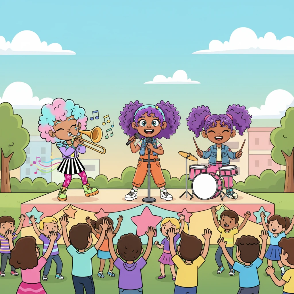 The Girl Squad takes the stage, radiating an infectious joy. Chloe, holding her microphone like a pop star, sings with all her heart, her eyes sparkling. Mia grins as she pounds out a catchy beat, while Leo sways gracefully with his trombone, creating smooth, vibrant melodies. The audience is captivated, many now dancing even more enthusiastically, their movements exaggerated and full of fun.