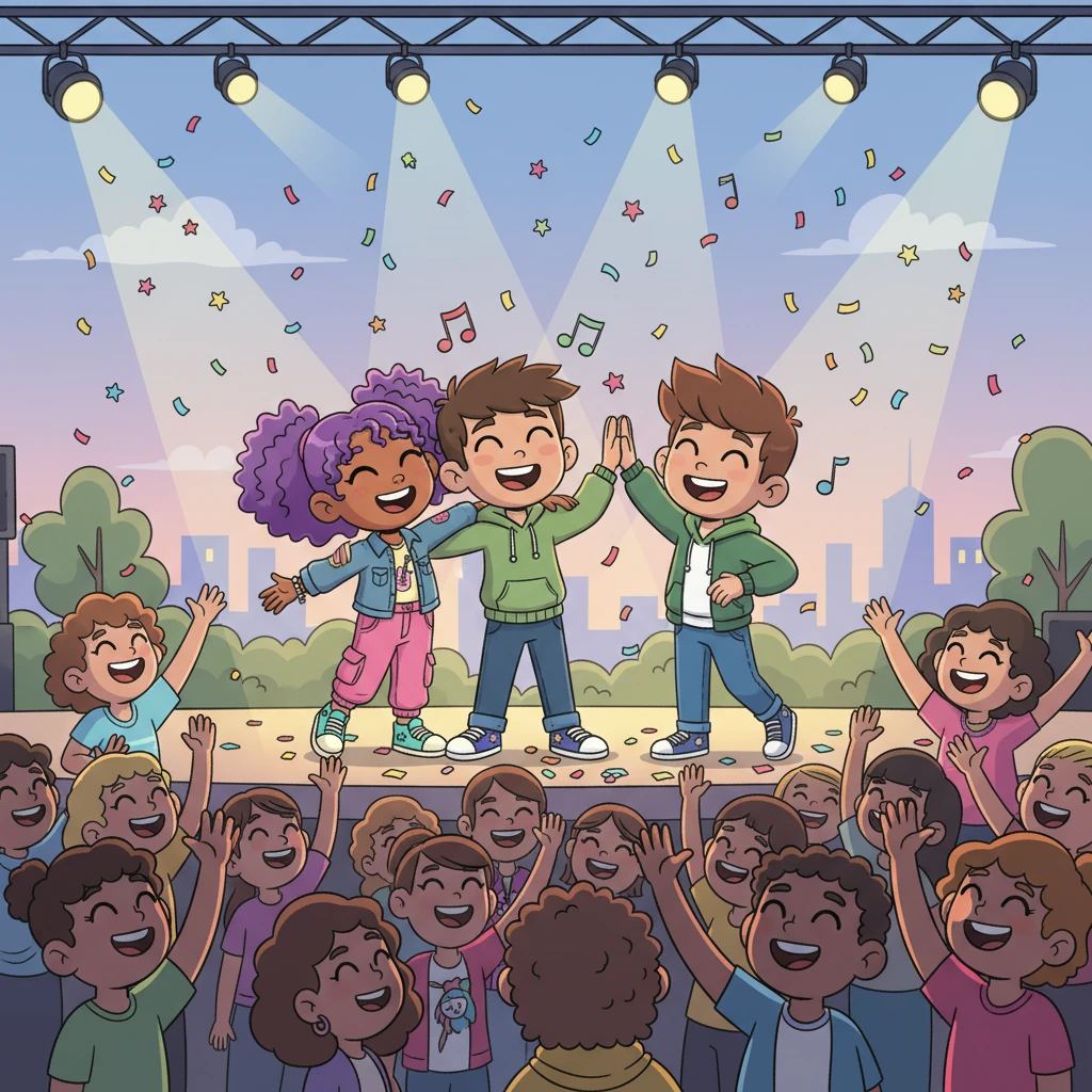 The "battle" concludes, and both bands are on stage together, arms around each other's shoulders, laughing. Confetti rains down in bright, cheerful colors. Ben and Chloe exchange a friendly high-five, realizing the true victory was the fun they had and the friendships they made through music. The audience cheers wildly, celebrating not a winner, but the spirit of playful competition and shared joy.