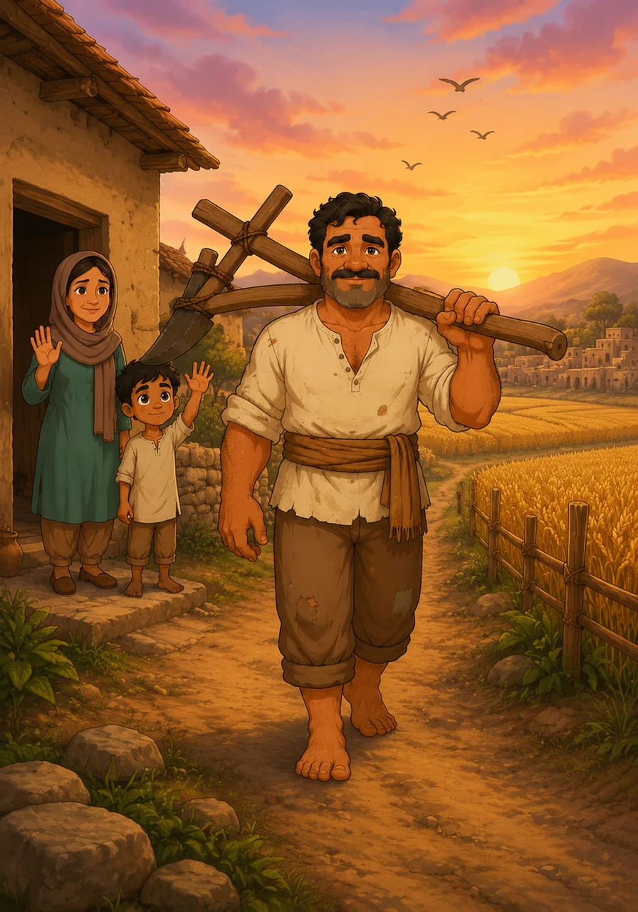 Karim walks toward his golden fields at the crack of dawn, a sturdy wooden plow resting on his shoulder. The sky is painted in soft oranges and pinks as the village begins to wake to the sound of birdsong.