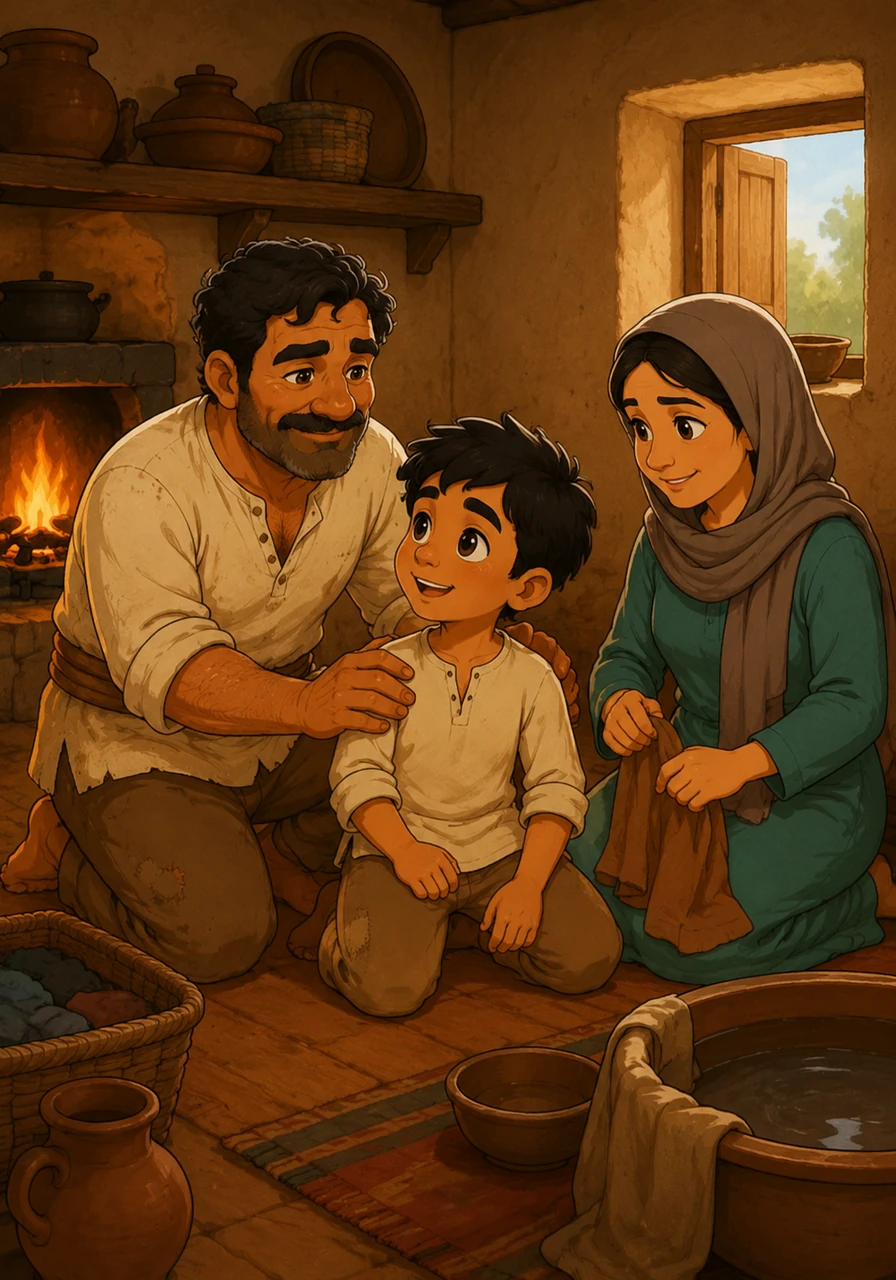 Inside their simple clay-walled home, Karim shares a joyful moment with his wife, Salma, and their young son, Hasan. The room is filled with warmth and the gentle glow of a morning fire as they prepare for the day ahead.