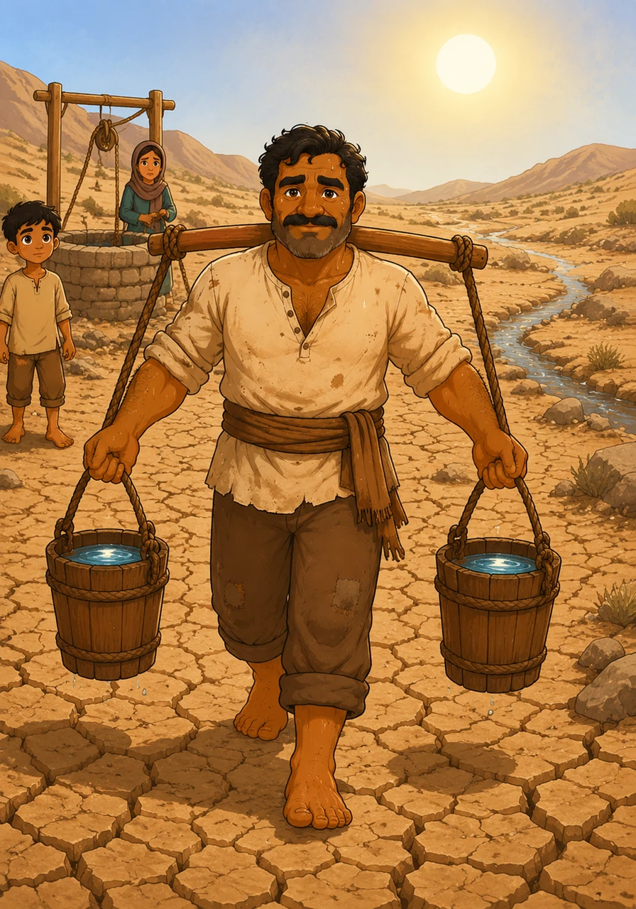 The sun blazes over a parched landscape, leaving deep cracks in the dry earth and shrinking the rivers to thin streams. Karim carries heavy wooden buckets of water from a distant well, his face set with determination despite the scorching heat.