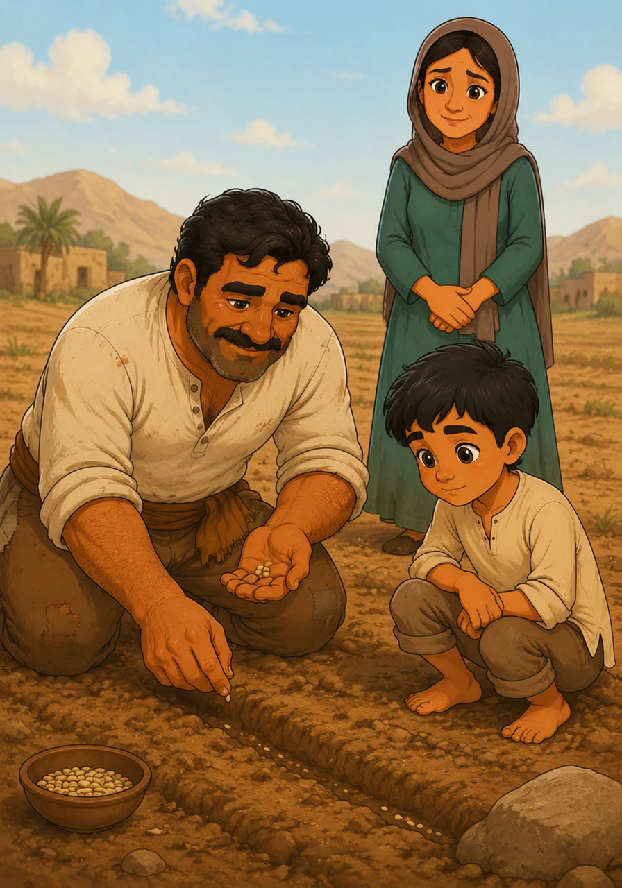 Karim kneels in the dust with Hasan, showing him how to gently place seeds into the ground with care and patience. He explains to his son that the earth always remembers the effort of those who respect it, even in difficult times.