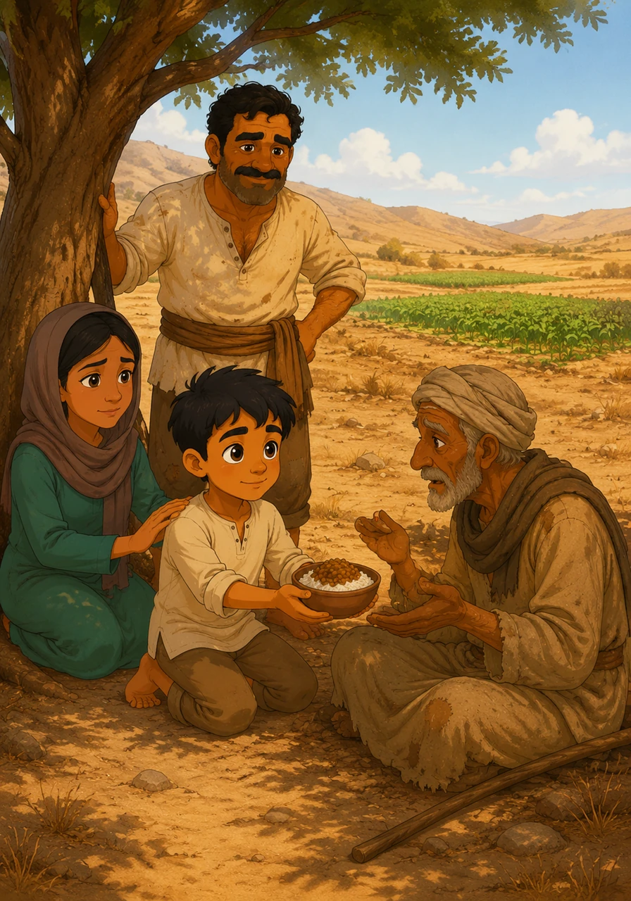 Under the shade of a lonely tree, Karim offers his last bowl of rice and lentils to a weary, elderly traveler. While other fields have turned brown, Karim’s small patch remains a defiant island of green in the background.