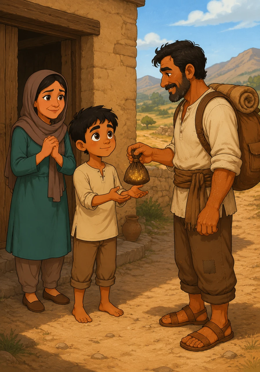 As the traveler prepares to leave, he hands Karim a small, mysterious pouch of shimmering seeds. He tells the farmer to plant them when the first rains arrive, promising that his kindness will be returned.