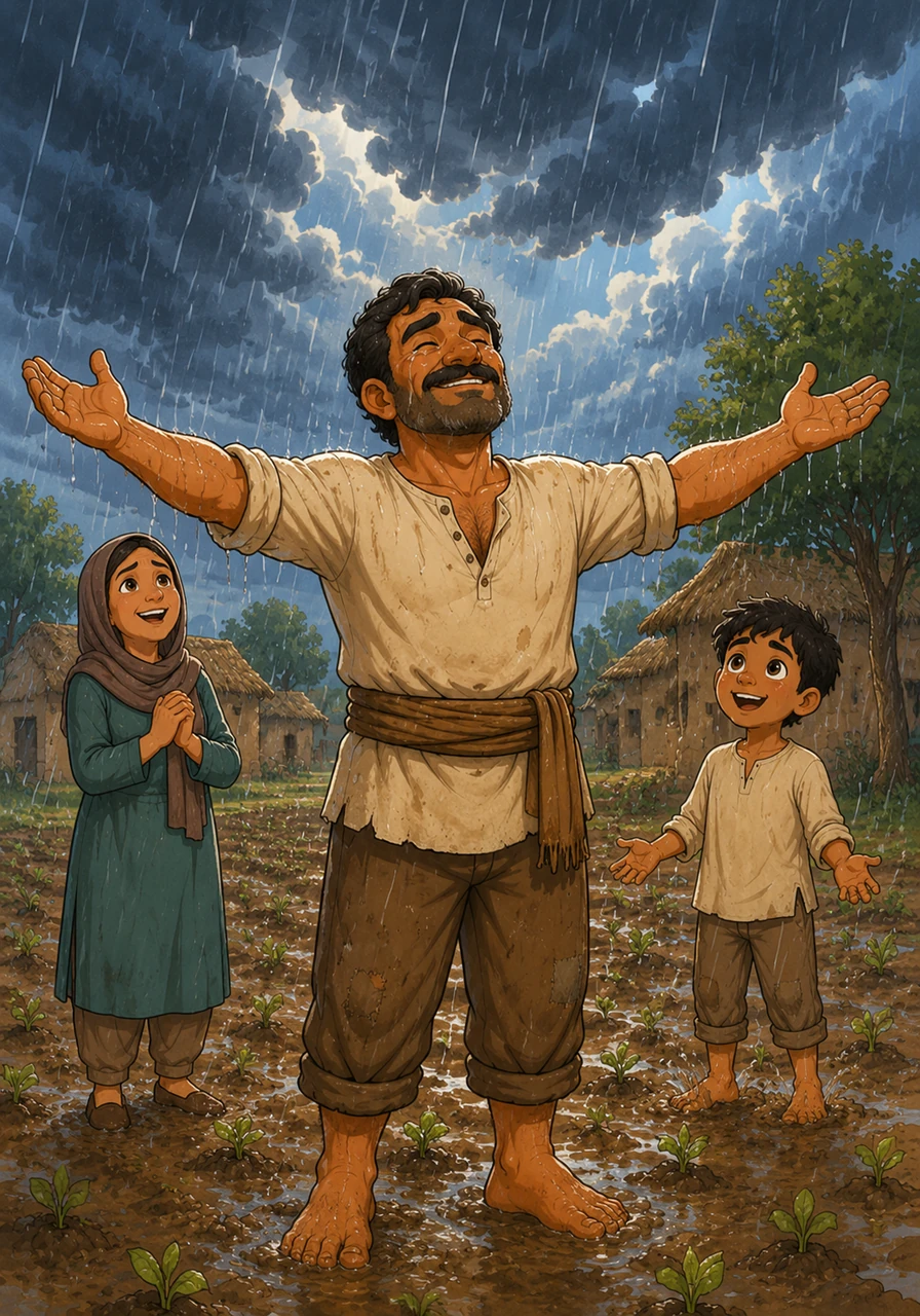 Dark, heavy clouds finally break, pouring refreshing rain onto the thirsty, cracked ground of the village. Karim stands in the middle of his field with his arms wide open, tears of relief mixing with the cool raindrops.