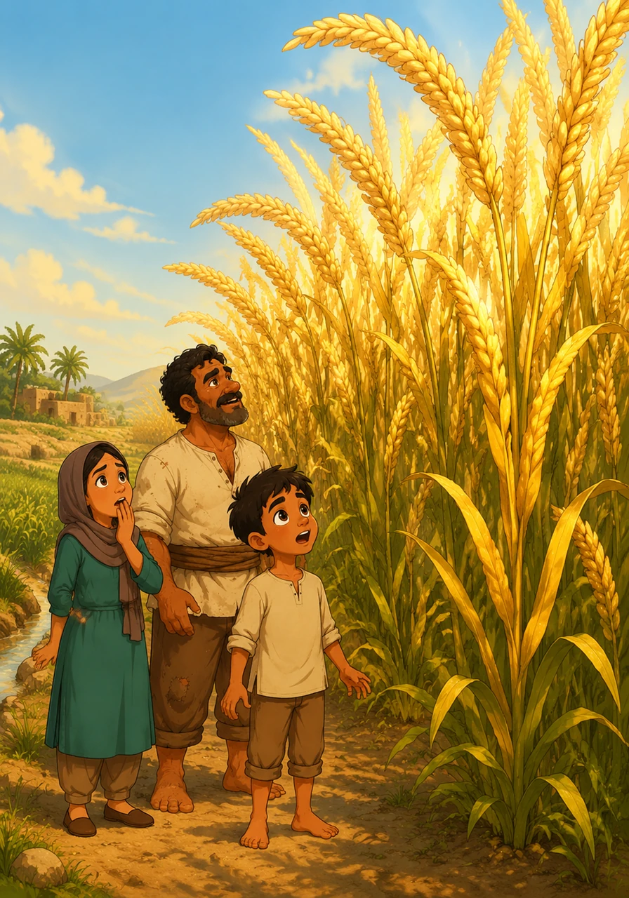Karim and Hasan watch in amazement as the mysterious seeds grow into towering stalks of brilliant, golden grain. These extraordinary plants shimmer in the sunlight, standing far taller and stronger than any crop the village has ever seen.