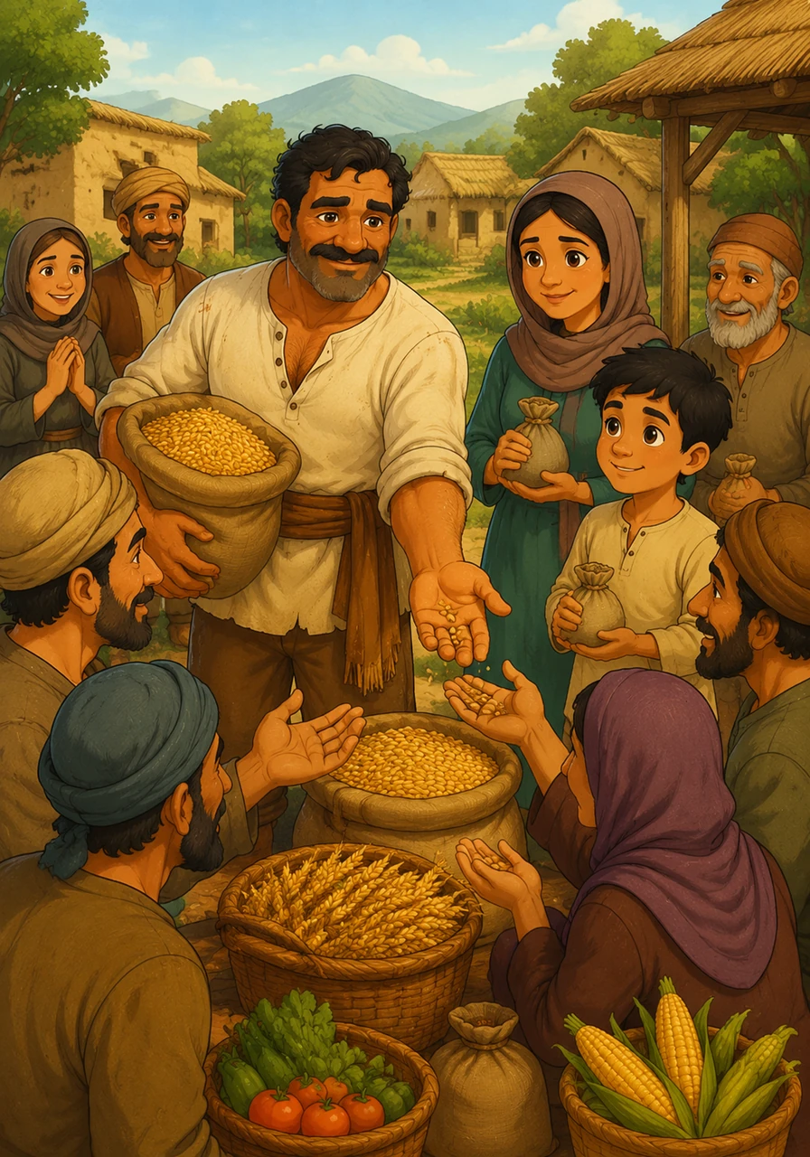 Instead of keeping his wealth to himself, Karim gathers his neighbors and shares the golden harvest and the magical seeds. He offers a helping hand to those who once doubted him, teaching the village the true meaning of community.