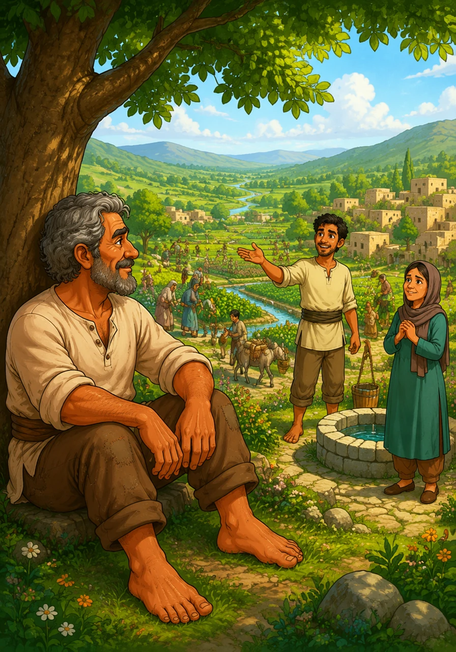 Many years later, a silver-haired Karim sits peacefully beneath his favorite tree, watching his grown son Hasan lead a prosperous, green valley. The village thrives with full wells and abundant fields, a lasting legacy of one man's patience and hard work.