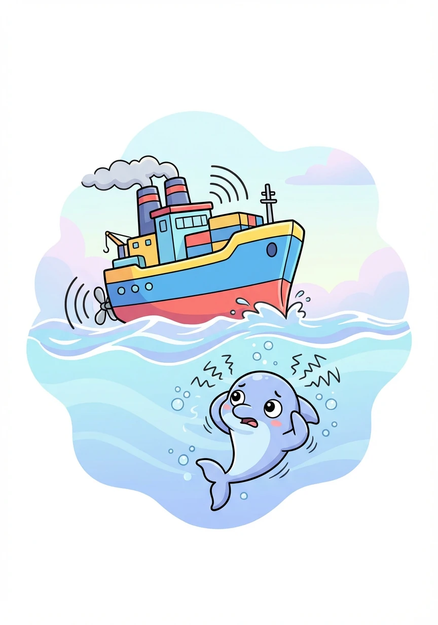 A noisy cargo ship cuts through the water, disrupting the peaceful environment. The loud engine noises can disorient and stress the cetaceans, making it harder for them to communicate and navigate.