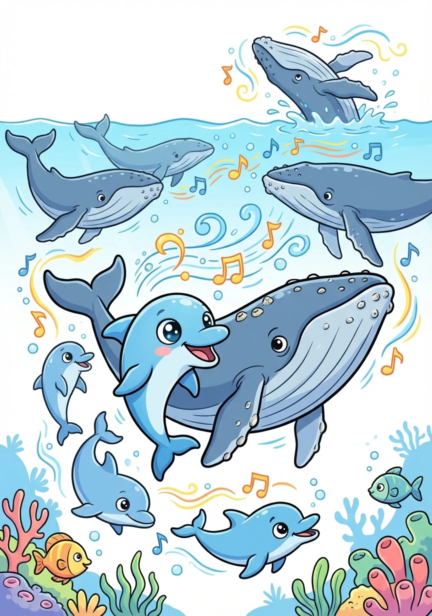 Echo and her pod encounter a group of humpback whales, also migrating through the MPA. They exchange greetings through a series of clicks and whistles, a symphony of the sea.