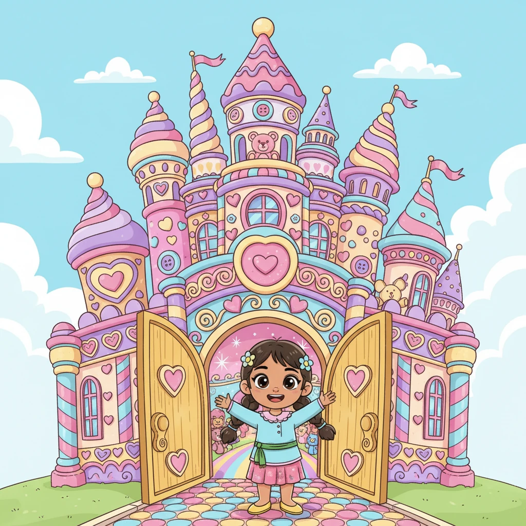 Setelah perjalanan yang penuh canda tawa, mereka tiba di depan Istana Boneka. Bangunannya menjulang tinggi dengan menara-menara runcing berwarna permen, dihiasi ukiran hati dan bunga-bunga raksasa. Gerbangnya terbuka lebar, seolah mengundang mereka masuk ke dunia keajaiban.