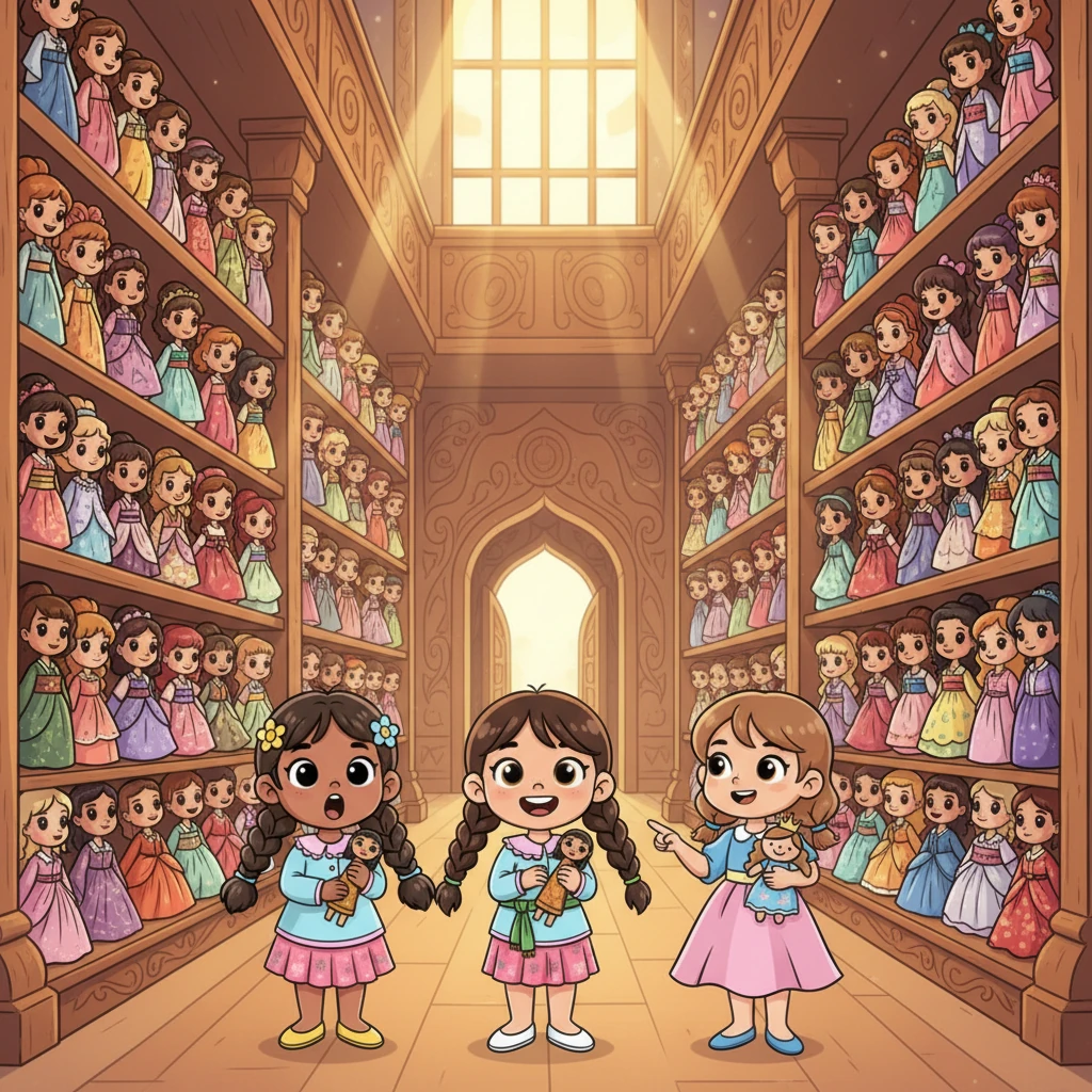 Langkah pertama mereka membawa ke sebuah aula besar, tempat ratusan boneka cantik berbaris rapi. Boneka-boneka itu mengenakan gaun-gaun gemerlap dari berbagai era, mata kaca mereka tampak hidup dan ramah. Lani, Maya, dan Sari terkesima, seolah masuk ke dalam dongeng.