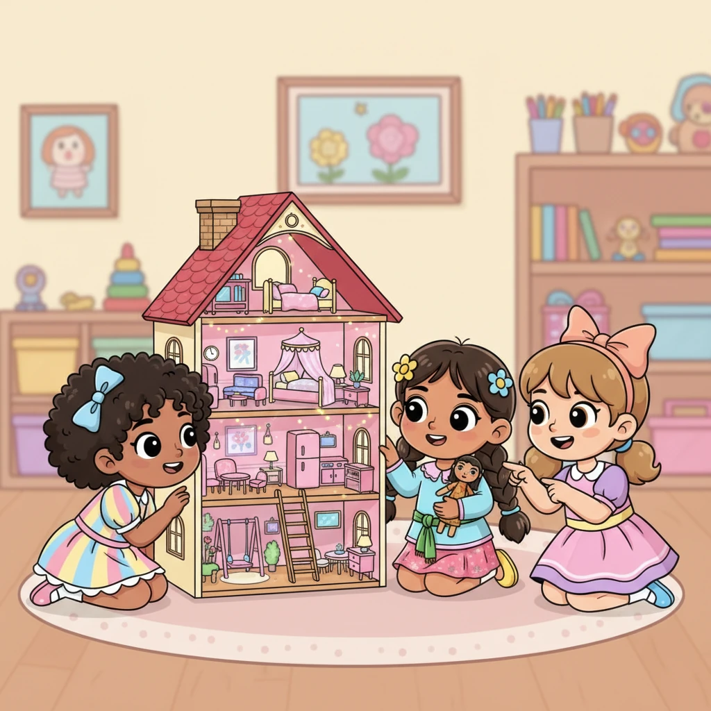 Mereka menemukan ruangan lain yang dipenuhi rumah boneka mini yang sangat detail. Ada rumah boneka dengan taman mungil, dapur lengkap, dan kamar tidur mewah. Ketiga sahabat itu berjongkok, mengintip ke dalam, dan berfantasi tentang kehidupan para boneka di sana.