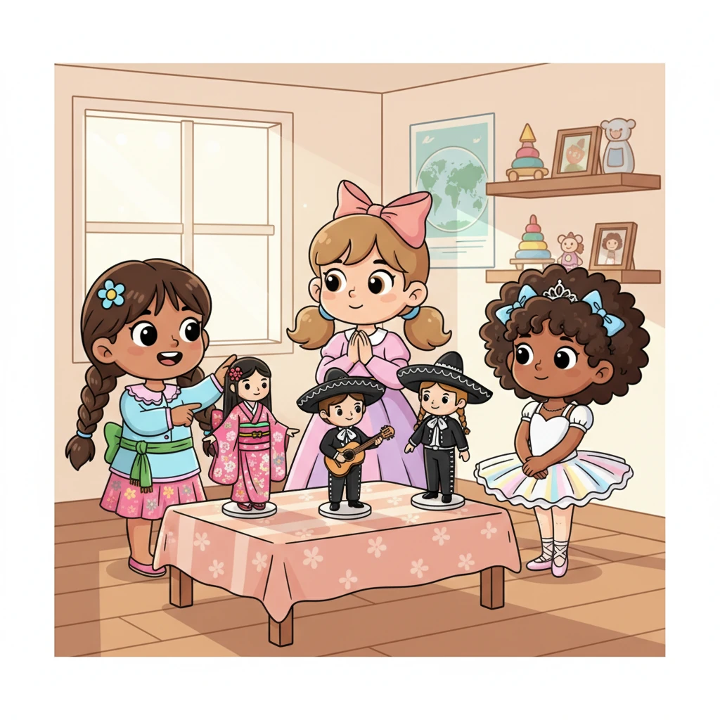 Di sudut lain, ada boneka-boneka dari seluruh dunia, masing-masing dengan pakaian tradisional yang unik dan warna-warni. Lani menunjuk boneka kimono Jepang, Maya mengagumi boneka mariachi Meksiko, dan Sari terpesona dengan boneka balet Rusia. Mereka belajar tentang keindahan perbedaan.