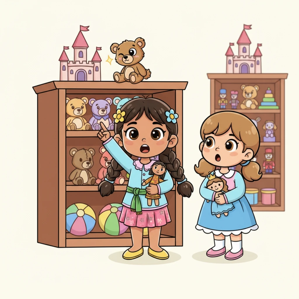 Tiba-tiba, Sari melihat sesuatu yang aneh. Sebuah boneka beruang kecil di rak paling atas tampak mengedipkan mata padanya! Ketiga sahabat itu saling berpandangan, bertanya-tanya apakah mereka hanya berhalusinasi atau memang ada keajaiban di dalam istana ini.