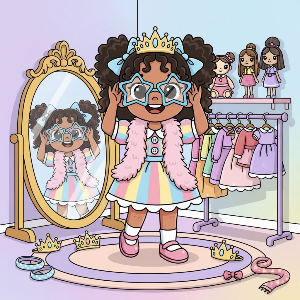 Terinspirasi oleh semua boneka cantik, mereka menemukan area berdandan. Mereka mencoba tiara berkilau, syal bulu, dan kacamata unik, menirukan pose boneka-boneka dengan tawa riang. Mereka merasa seperti boneka hidup yang sedang berpesta.