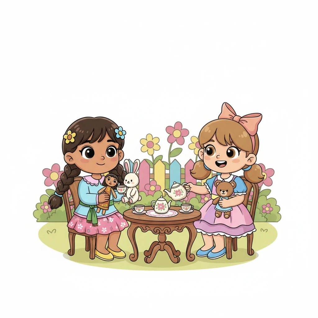 Di sebuah taman boneka yang tenang, mereka menemukan meja kecil dengan set teh mini yang lucu. Mereka duduk mengelilingi meja, berpura-pura minum teh bersama boneka-boneka kelinci dan beruang. Senyum lebar tak lepas dari wajah mereka, menikmati kebersamaan.
