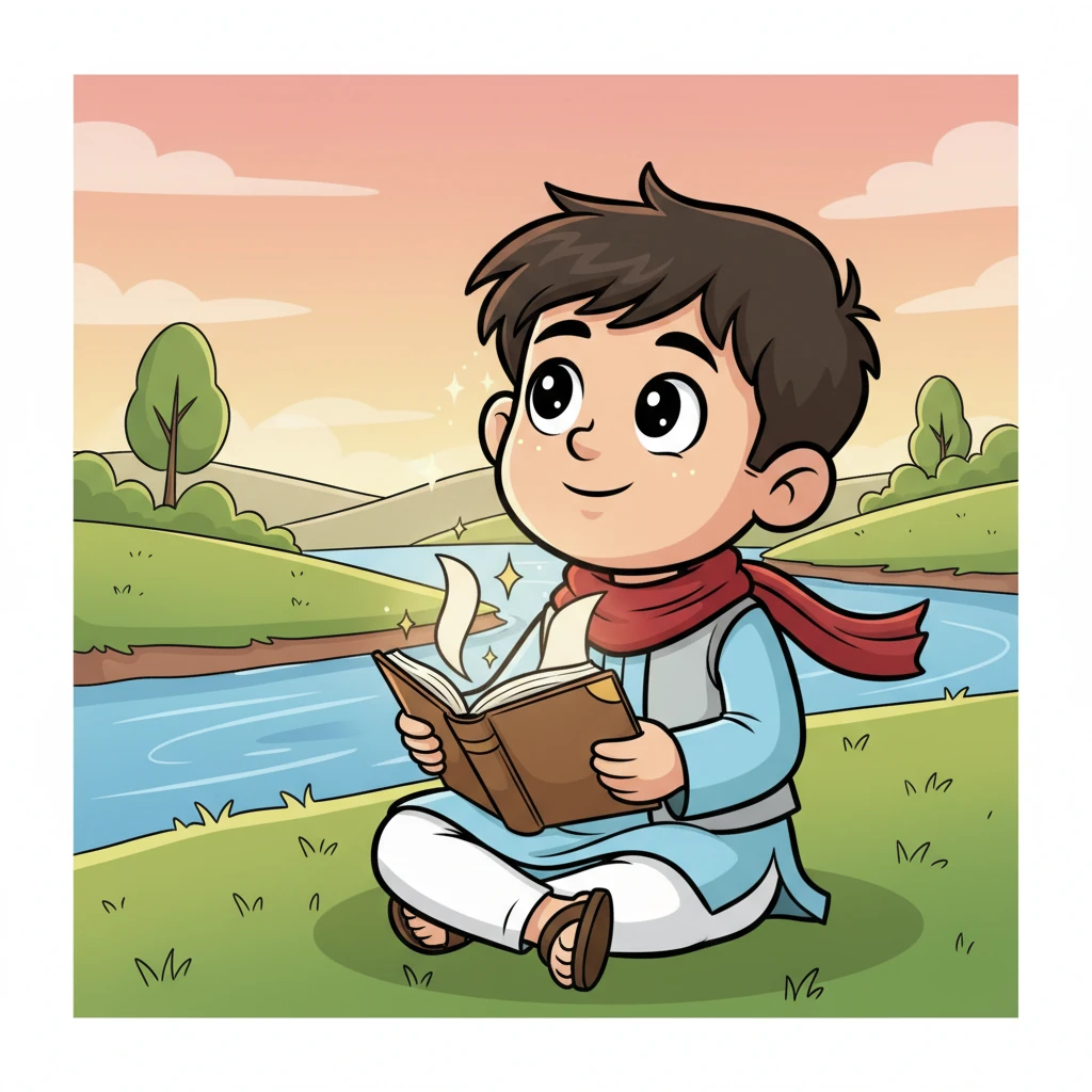নদীর ধারে সবুজ ঘাসের উপর বসে আছে ছোট্ট সোমেন, তার হাতে একটি গল্পের বই। তার চোখ দুটি স্বপ্নীল, যেন সে কল্পনার ডানায় ভর করে অজানা এক জগতে ভেসে বেড়াচ্ছে। সূর্য নরম আলো ছড়াচ্ছে তার মুখে, আর বাতাসে বইয়ের পাতা উল্টে যাচ্ছে আপন মনে।