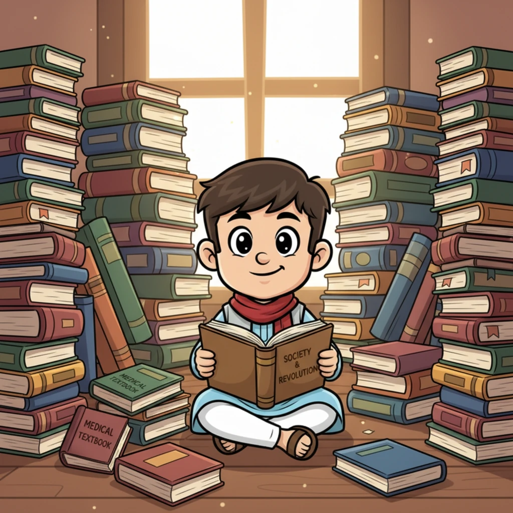 শারীরিক অসুস্থতার কারণে সোমেনকে মেডিকেলের বই ছেড়ে দিতে হয়েছে। কিন্তু তার মুখে কোনো দুঃখ নেই, বরং দৃঢ় সংকল্পের ছাপ। সে এখন সমাজ ও বিপ্লবের বই পড়ছে, তার চারপাশে বইয়ের স্তূপ, যা নতুন এক পথের ইশারা দিচ্ছে।