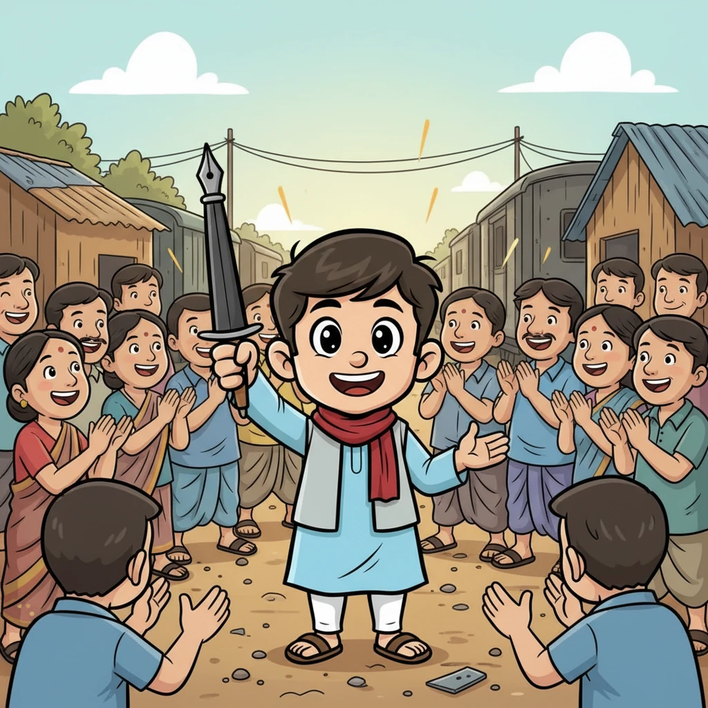 রেলওয়ে বস্তিতে শ্রমিকদের ভিড়ে সোমেন এক উজ্জ্বল নক্ষত্রের মতো। সে হাসিমুখে তাদের সাথে কথা বলছে, তাদের অধিকারের কথা বোঝাচ্ছে। শ্রমিকরা তার কথায় অনুপ্রাণিত হয়ে হাততালি দিচ্ছে, তাদের মুখে আশার আলো।