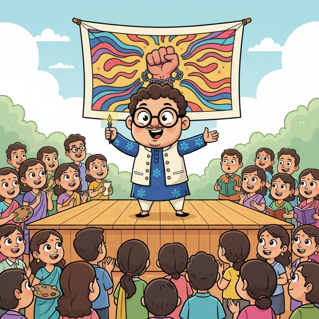 'ফ্যাসিবাদ বিরোধী লেখক ও শিল্পী সংঘের' এক সমাবেশে সোমেন মঞ্চে দাঁড়িয়ে জ্বালাময়ী বক্তৃতা দিচ্ছে। তার পেছনে উজ্জ্বল রঙের একটি ব্যানার, যেখানে লেখা 'ফ্যাসিবাদ নিপাত যাক!' শ্রোতারা মুগ্ধ হয়ে তার কথা শুনছে।