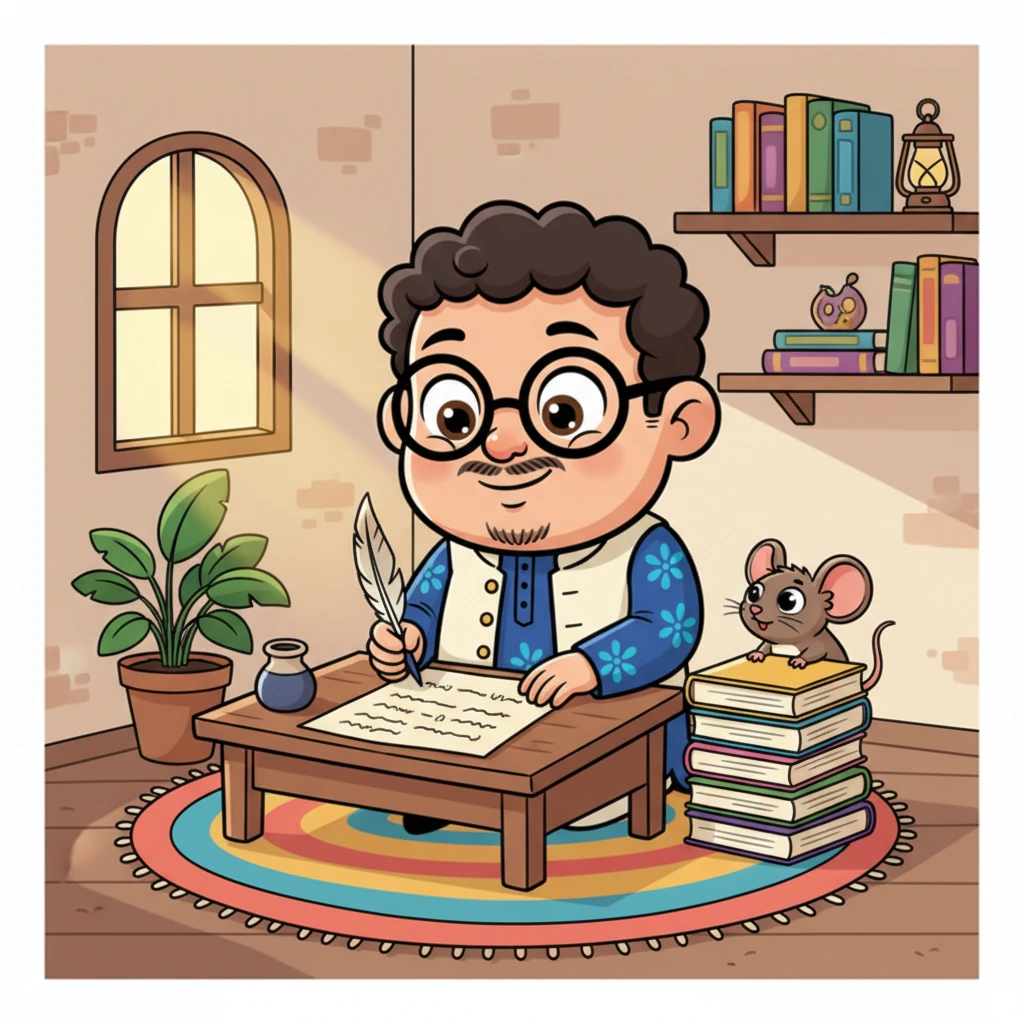 সোমেন তার ছোট ঘরে বসে তার বিখ্যাত গল্প 'ইঁদুর' লিখছে। কলম হাতে তার মুখটি চিন্তামগ্ন, কিন্তু তার চোখে সৃষ্টির আনন্দ। একটি ছোট্ট ইঁদুর যেন পাশে উঁকি মারছে, তার গল্পে প্রাণ পাচ্ছে।