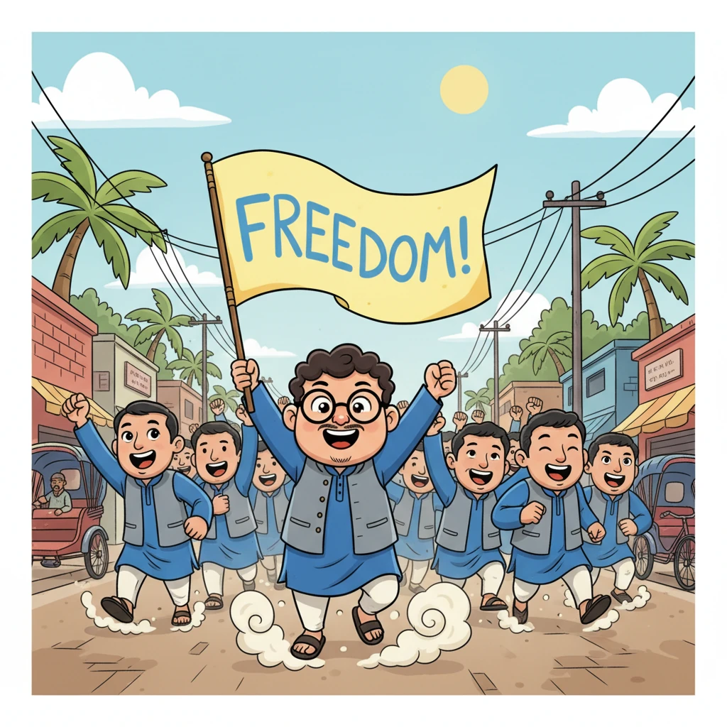 ঢাকার রাস্তায় রেলওয়ে শ্রমিকদের একটি বিশাল মিছিলের নেতৃত্ব দিচ্ছে সোমেন। তার হাতে একটি উজ্জ্বল ব্যানার, যেখানে মুক্তির স্লোগান লেখা। শ্রমিকরা তার পেছনে জয়ধ্বনি দিতে দিতে এগিয়ে চলেছে, তাদের পদধ্বনি যেন বিপ্লবের সুর।