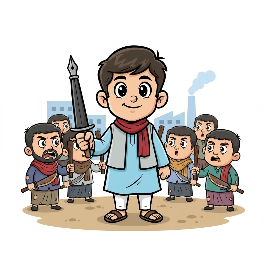 হঠাৎ করে দৃশ্যপট বদলে যায়। কিছু উগ্রবাদী লোক লাঠি আর ধারালো অস্ত্র হাতে সোমেনকে ঘিরে ধরেছে। সোমেন তাদের দিকে দৃঢ় চোখে তাকিয়ে আছে, তার মুখে ভয় নেই, শুধু অদম্য সাহস। শ্রমিকরা হতভম্ব হয়ে দেখছে।