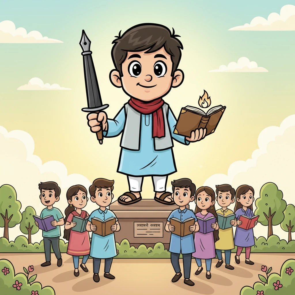 একটি উজ্জ্বল ভবিষ্যতের চিত্র। সোমেনের একটি বিশাল, অনুপ্রেরণাদায়ক মূর্তি দাঁড়িয়ে আছে, তার হাতে একটি কলম। তার চারপাশে তরুণ-তরুণীরা বই হাতে নিয়ে হাঁটছে, তাদের চোখে সোমেনের স্বপ্ন। সূর্যালোকে সবকিছু ঝলমল করছে, যেন সোমেনের আদর্শ চিরকাল বেঁচে আছে।