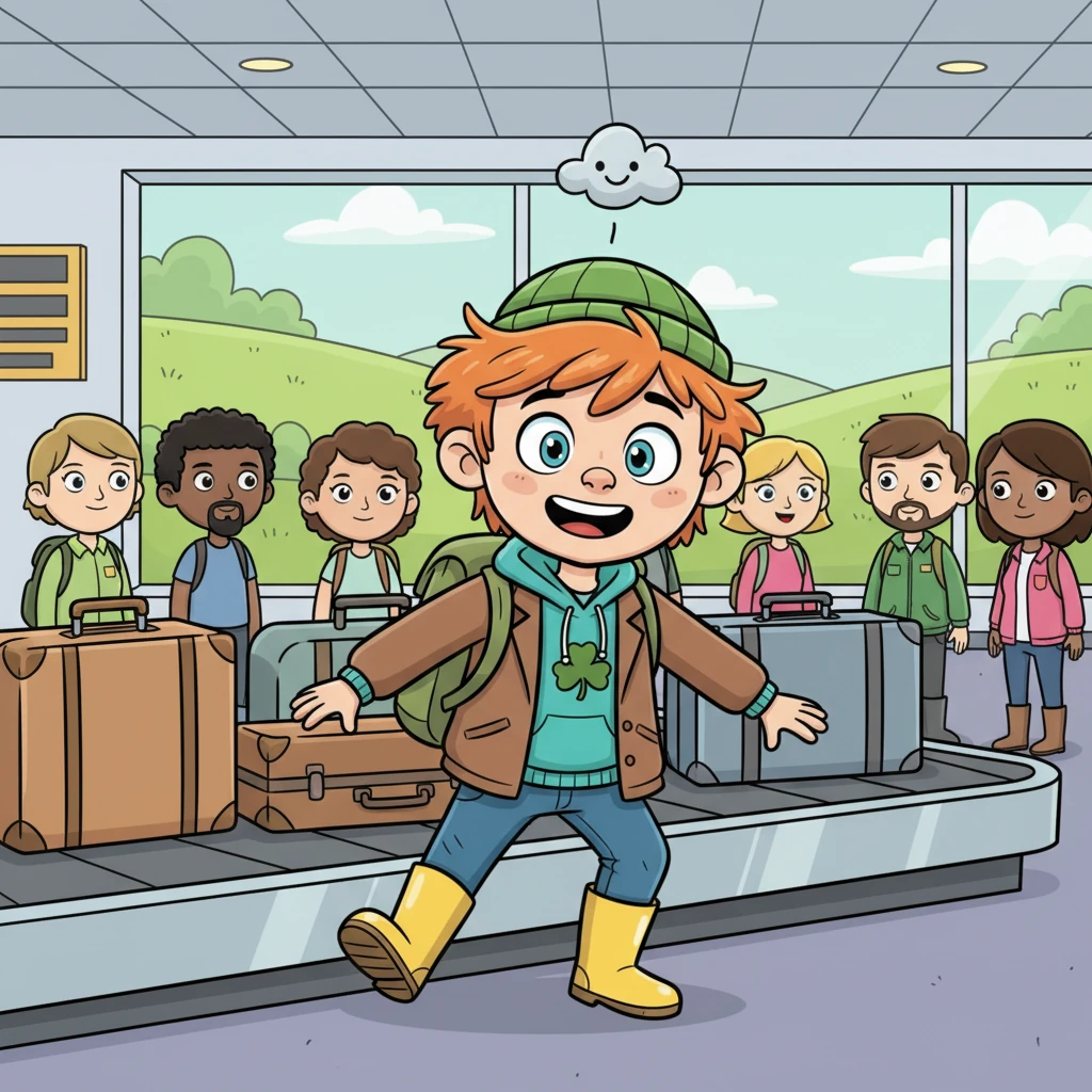 Finn steps off the plane in Ireland, a huge grin on his face, ready for adventure. He bounces towards the baggage claim, his eyes sparkling with excitement for all the amazing sights he'll see. But as the conveyor belt whirrs to a stop, his bright green suitcase is nowhere to be found. A tiny cloud of worry appears above his head, but his spirit remains mostly cheerful.