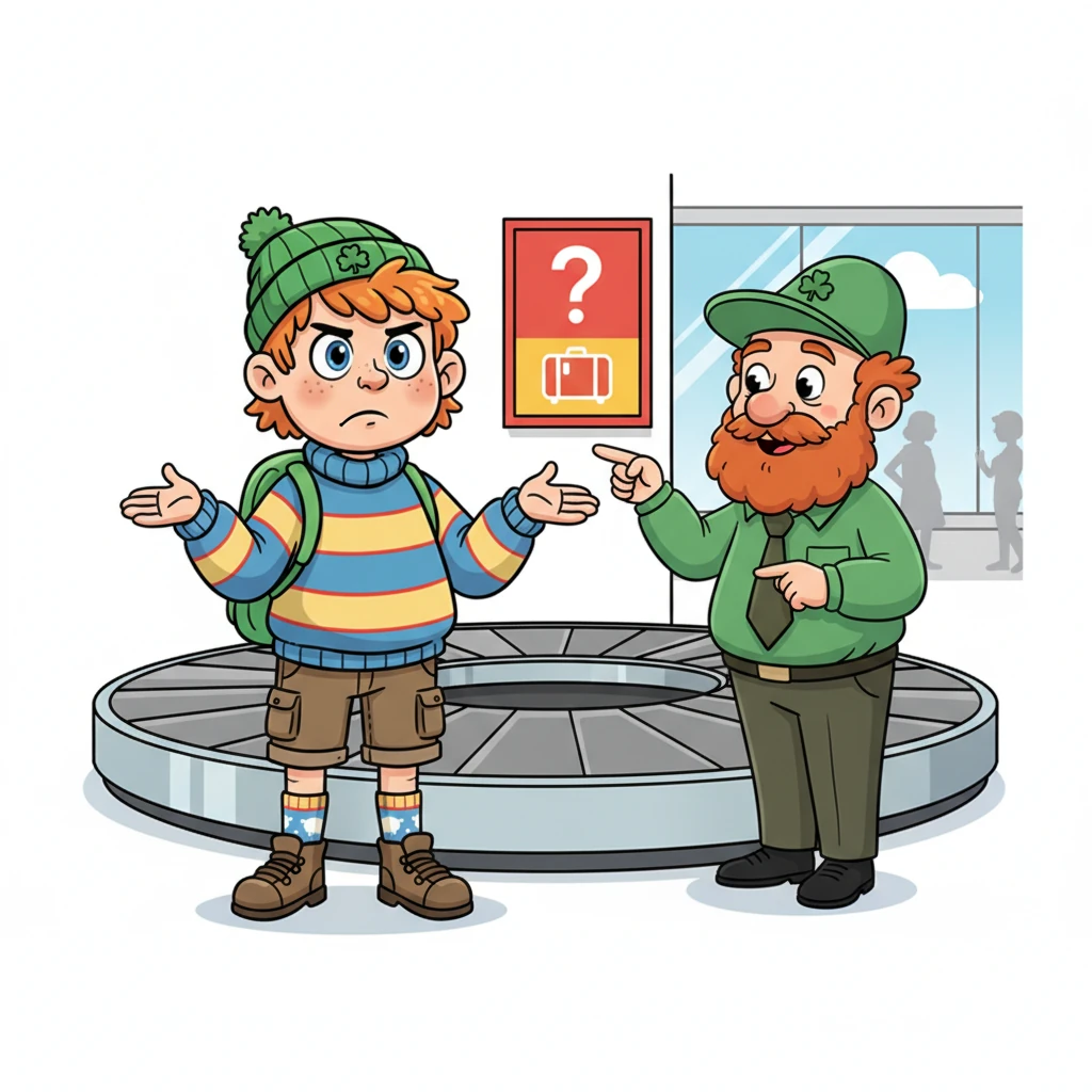 Finn circles the empty baggage carousel, his brow furrowed in a comical frown. He talks to a kindly airport official, who looks a bit like a friendly leprechaun, pointing to a 'Lost & Found' sign. Finn's shoulders slump slightly, but his gaze is still hopeful, determined to find his missing bag.
