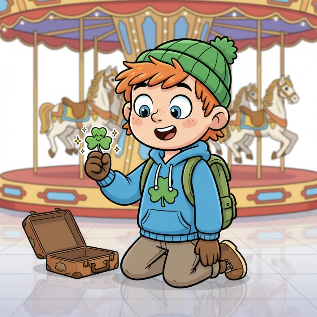 Just as Finn is about to give up, he spots something shiny twinkling on the floor near the carousel. It's a small, vibrant shamrock sticker, one he'd put on his suitcase! He picks it up, a spark of detective excitement in his eyes, realizing this might be a clue. The sticker seems to wink at him playfully.