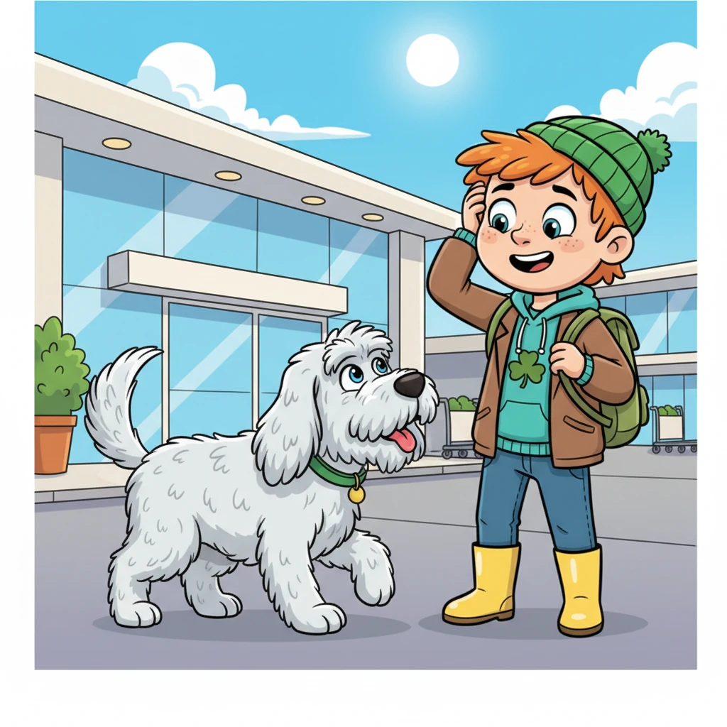 Outside the airport, scratching his head, Finn feels a friendly nudge. A fluffy, super-energetic sheepdog with floppy ears and a wagging tail looks up at him with intelligent, sparkling eyes. The dog, wearing a tiny green collar, seems to understand Finn's predicament and barks an encouraging 'Woof!' as if offering to help. Finn grins, introducing himself to his new furry friend, Paddy.