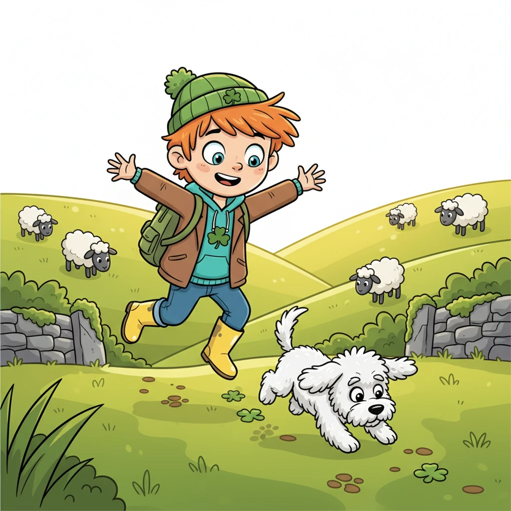 Finn and Paddy set off, following faint muddy paw prints and the occasional glint of a shamrock sticker. They skip through rolling green hills dotted with fluffy white sheep and ancient stone walls. The sun beams down, painting the landscape in vivid hues as they embark on their playful quest. Paddy bounds ahead, sniffing the ground with gusto.