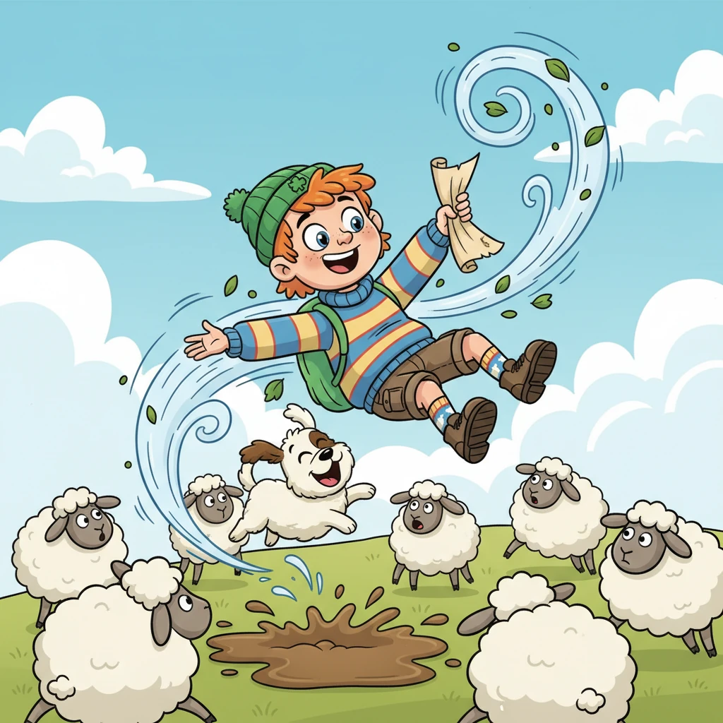 Suddenly, a mischievous gust of wind snatches Finn's map right out of his hand! It whirls it high into the air, leading them on a comical chase through a field of bouncy, startled sheep. Finn and Paddy tumble and giggle, narrowly avoiding a splash in a muddy puddle, their adventure taking a delightful detour.