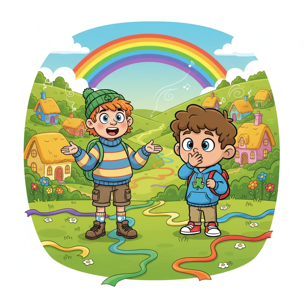 Following a trail of colorful ribbons, they stumble upon a charming, brightly painted village nestled in a valley. Tiny cottages with thatched roofs glow with cheerful colors, and a rainbow arches gracefully over the scene. The air is filled with the scent of wildflowers and distant, happy music. Finn and Paddy pause, amazed by the picturesque sight.