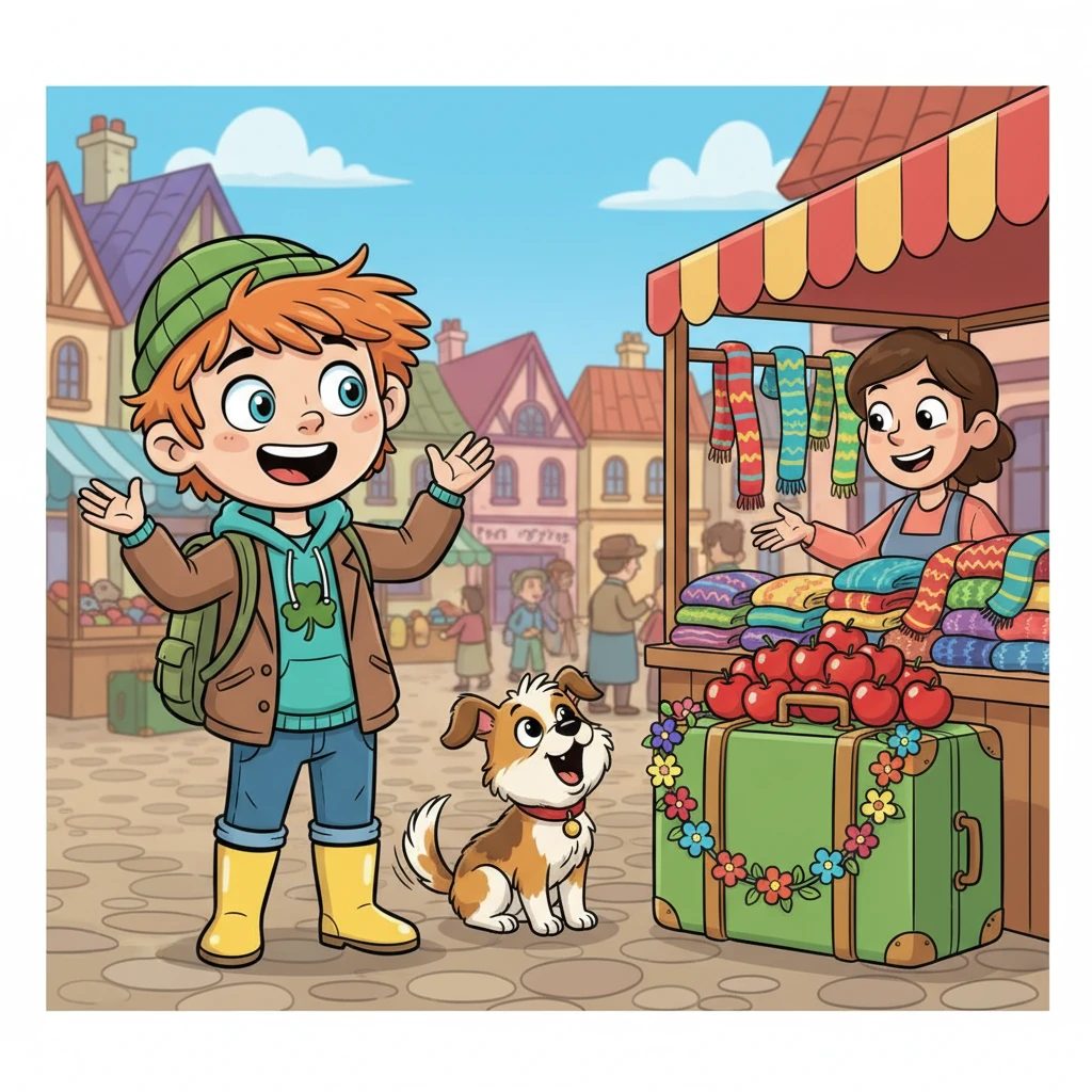 In the village square, right next to a bustling market stall selling vibrant knitted scarves, Finn spots it! His bright green suitcase, now adorned with a festive garland of flowers, is being used as a display stand for a pile of shiny, red apples. Paddy barks excitedly, his tail wagging like a metronome. Finn can't help but laugh at the unexpected discovery.