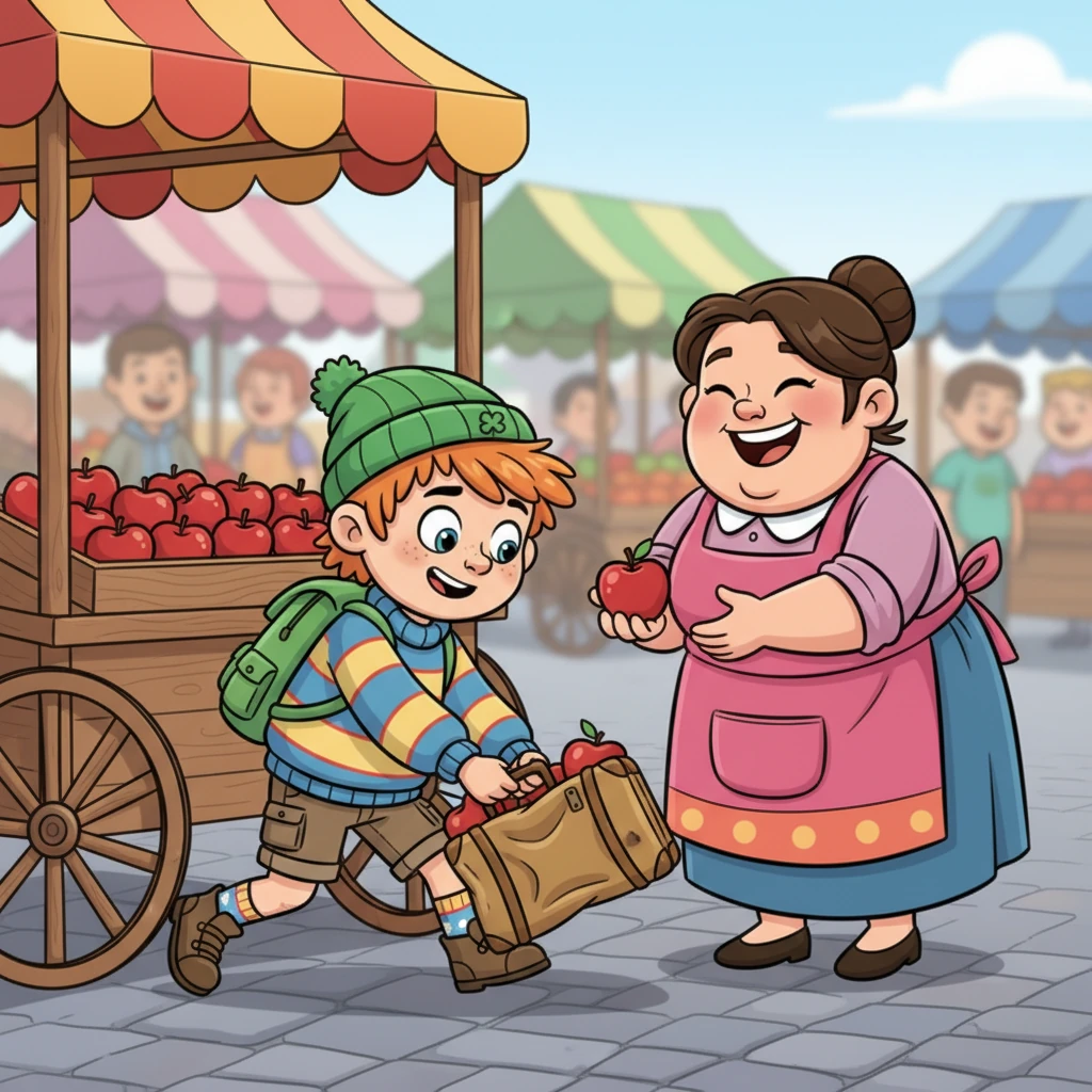 Finn rushes over, gently rescuing his suitcase from its apple-display duty. The friendly market vendor, a plump woman with rosy cheeks, laughs heartily and apologizes for the mix-up, offering Finn a juicy red apple. Finn hugs his suitcase, feeling a warmth spread through him, happy to have his belongings back and to have made new friends.
