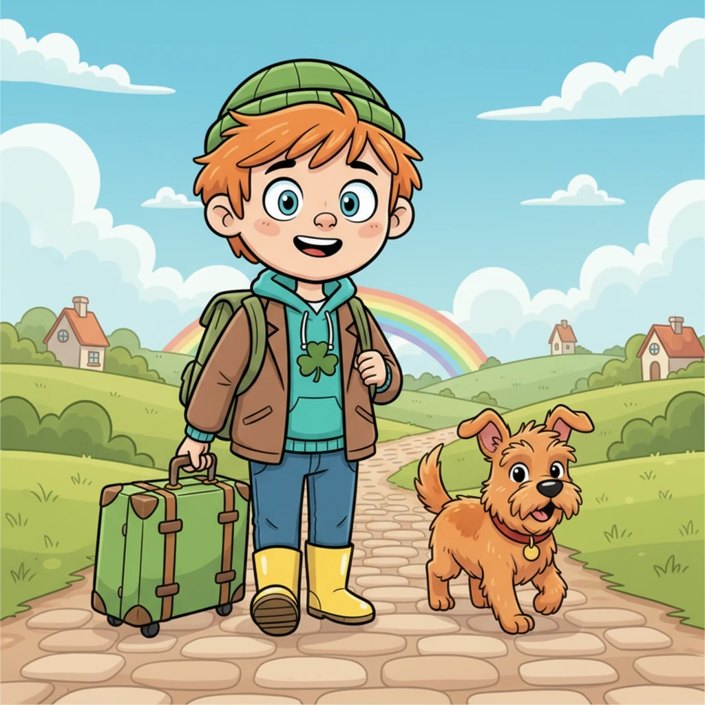 With his trusty green suitcase by his side and Paddy trotting happily beside him, Finn continues his Irish adventure. He now has a wonderful story to tell, a new furry friend, and an even deeper appreciation for the unexpected joys of travel. The road ahead looks bright and full of possibilities, ready for more whimsical discoveries.