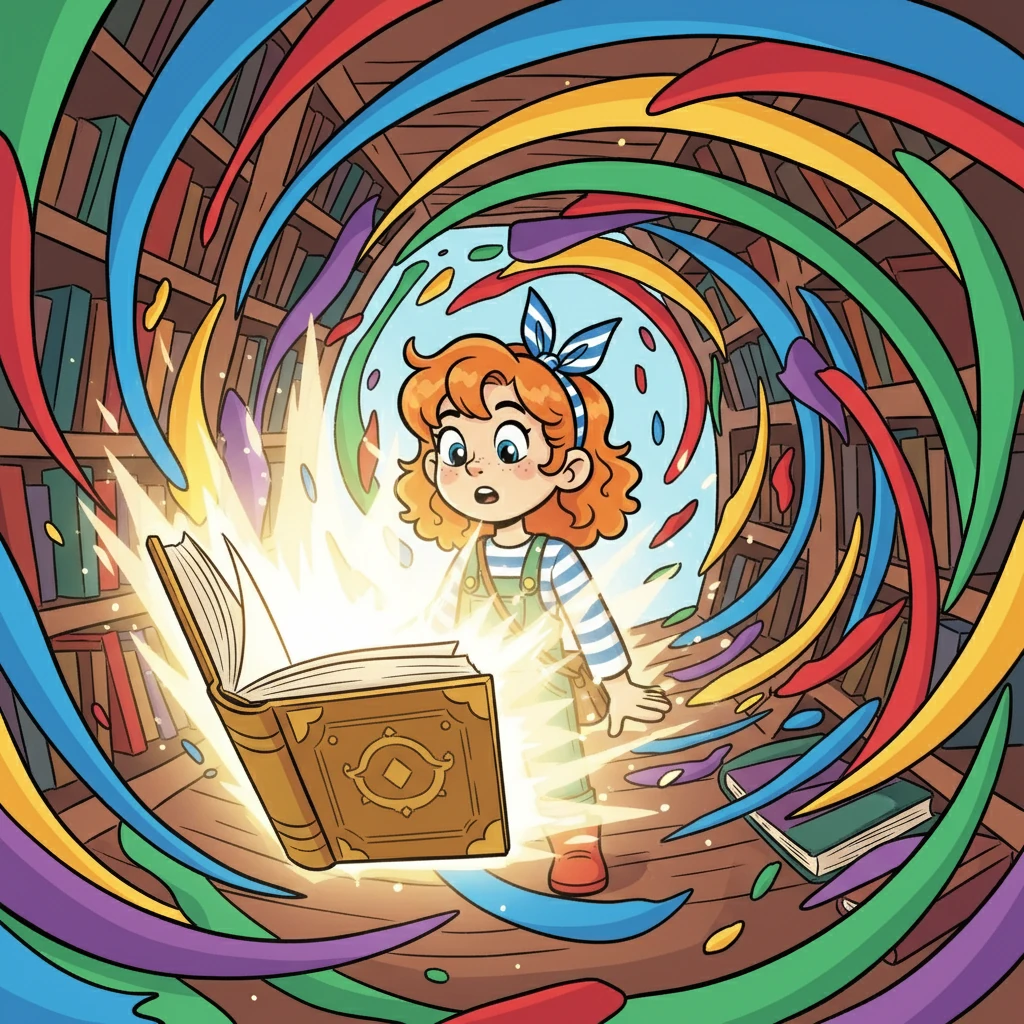 En ouvrant le livre, une lumière vive l'enveloppa. Il ressentit une sensation de vertige, comme s'il tombait dans un tourbillon de couleurs. La bibliothèque disparut autour de lui.