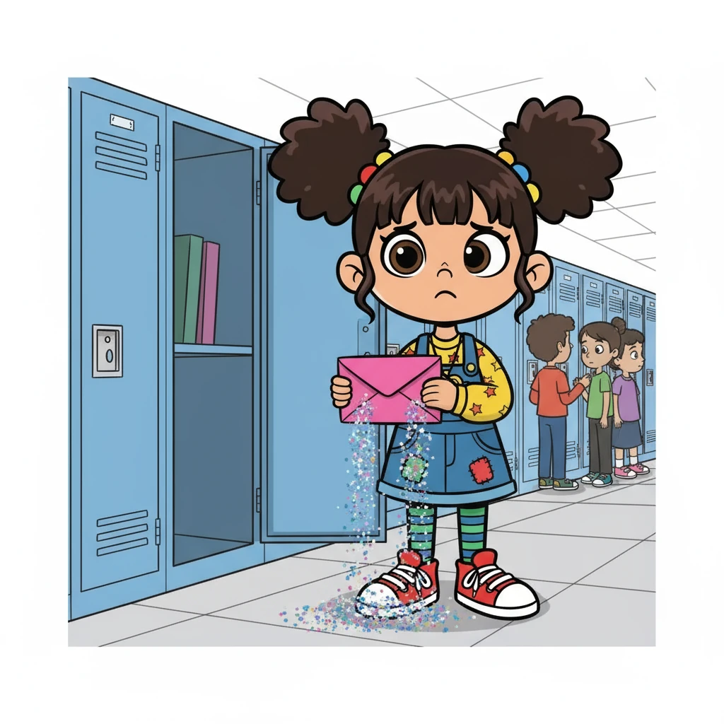 The next day, a pink envelope appeared in Maya's locker. Hope flickered, but the envelope contained only glitter, cold and shimmering. It was a stark symbol of a joy she wasn't sharing, a beauty that felt hollow.