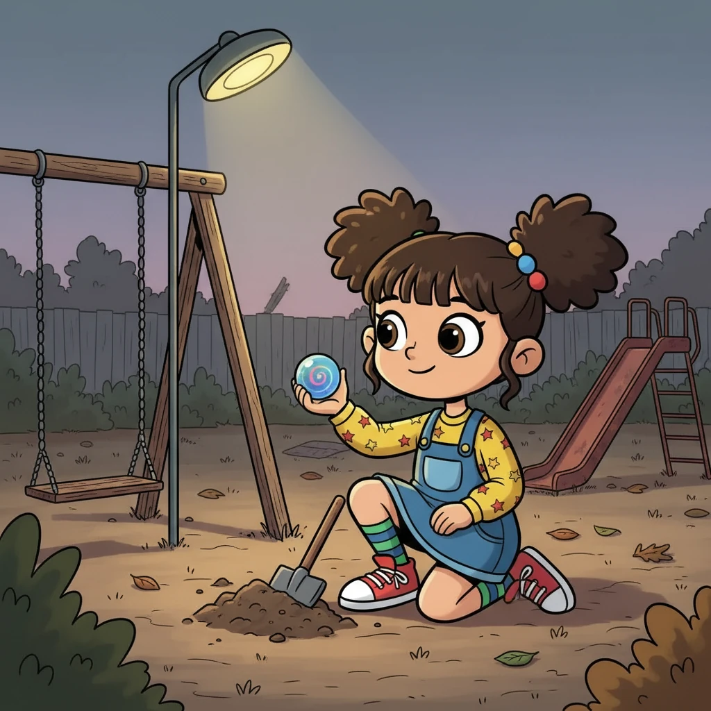 At the old playground, Maya knelt, digging in the dirt. Her fingers brushed against something smooth and cool—a blue marble. Holding it to the streetlight, she saw a tiny, swirling world within, and a quiet smile bloomed, a sign of her own inner strength.