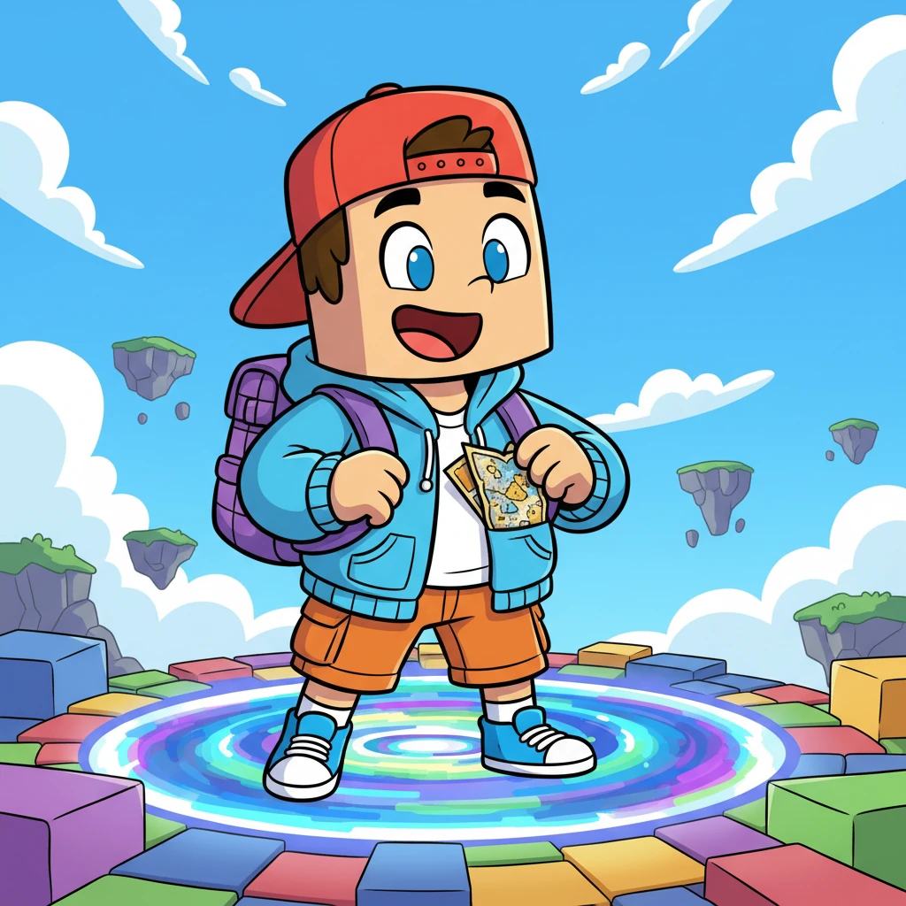 Pixel Pete, a cheerful explorer with a big smile and bright blue blocks for feet, stood at the edge of a swirling portal. His blocky head tilted as he pulled out a crumpled, shimmering map from his inventory. Today was the day for a grand new adventure in the vast, colorful world of Bloxtopia.