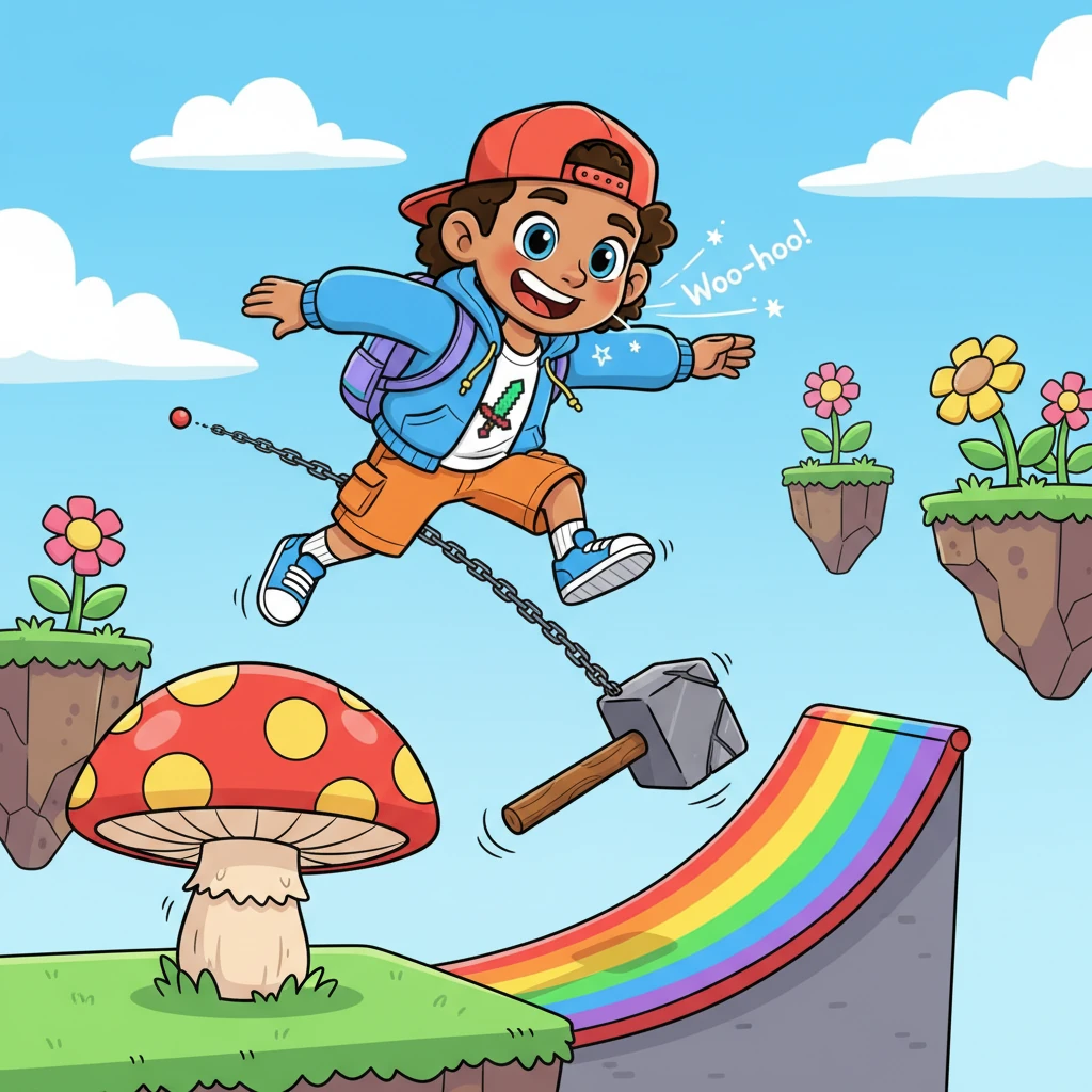 With a determined grin, Pete began his ascent, leaping with exaggerated jumps onto a springy mushroom platform. He dodged a swinging hammer with a comical duck, then slid down a rainbow-colored ramp, letting out a joyful "Woo-hoo!" He moved with the grace of a seasoned parkour master.