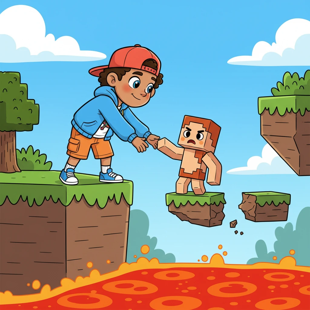 Halfway up, Pete spotted a smaller, wobbly noob character, Nooby Nora, stuck on a particularly tricky jump over a lava pit. Nora's simplified face showed frustration as she tried again and again. Pete, always ready to help a fellow adventurer, extended a blocky hand.