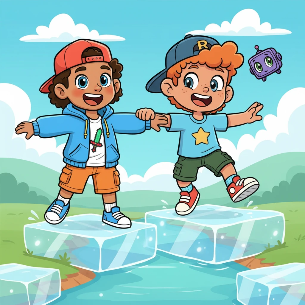 Together, they carefully navigated a stretch of shimmering, super-slippery ice blocks, sliding and wobbling in unison. They giggled as they almost tumbled, catching each other just in time. Their combined balance and laughter made the challenge much more fun.