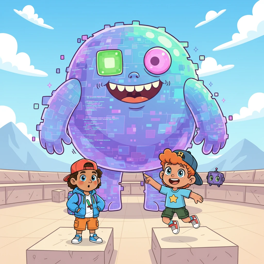 After conquering the obby, they arrived in a vast, open arena where a giant, goofy-looking Glitch Monster waited. Made of shimmering, unstable code, it blinked with mismatched eyes and roared a surprisingly squeaky roar. It looked more like a confused party balloon than a fearsome foe.