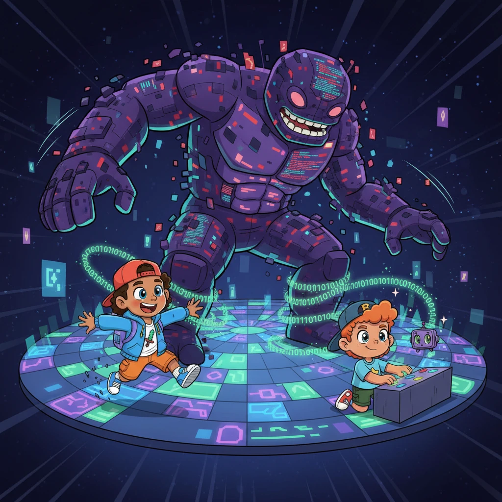 Pixel Pete used his amazing agility to distract the monster, zipping around its blocky legs while Nora cleverly activated ancient code blocks on the arena floor. The Glitch Monster stumbled, its own code tangling around its oversized feet. It was a perfectly synchronized dance of strategy.