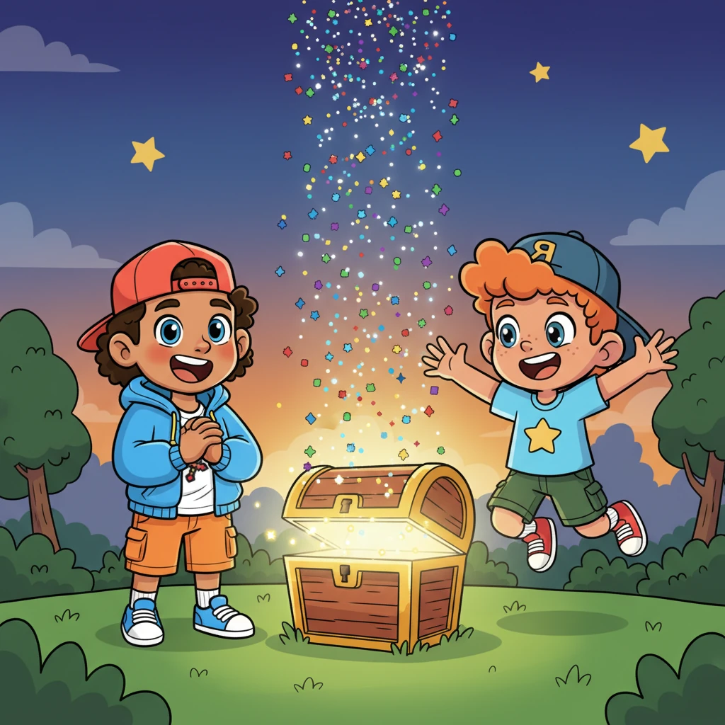 With a final, comical groan, the Glitch Monster dissolved into a spectacular shower of twinkling, colorful pixels. Where it once stood, a magnificent, golden treasure chest shimmered, beckoning them closer. Its lid glowed with an inviting light.